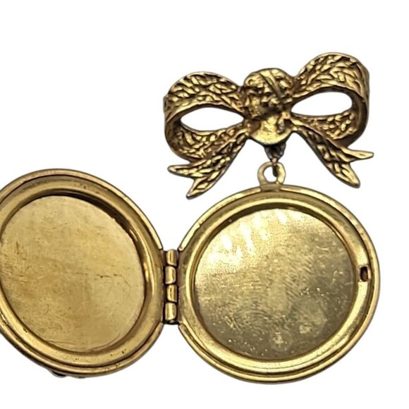 Hand-carved Dangling Cameo Locket Brooch Large Bow Gold Plated Vintage 18kgp - Picture 5 of 8